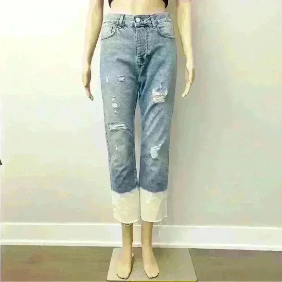 Zara Denim Jeans high waisted light washed Ripped with Frayed Tie dye white hem. - Picture 6 of 16